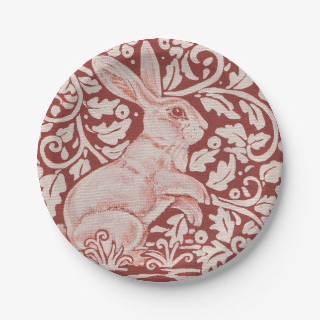 Rabbit Bunny Hare Rust Red Woodland Art Paper Plate (Front)