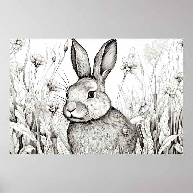 Rabbit Bunny Peaceful Nature Prairie Sketch Art Poster (Front)