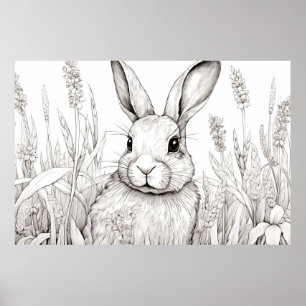 Rabbit Bunny Peaceful Nature Prairie Sketch Art Poster