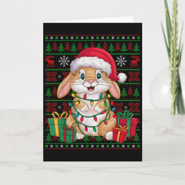 Rabbit Bunny Xmas Lights Ugly Santa Hat Bunny Chri Card (Front)