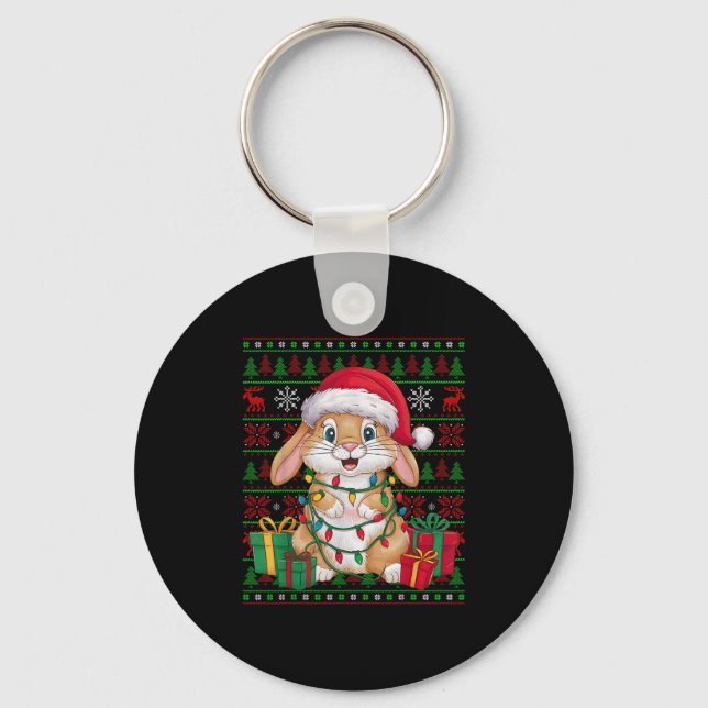 Rabbit Bunny Xmas Lights Ugly Santa Hat Bunny Chri Keychain (Front)