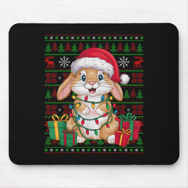 Rabbit Bunny Xmas Lights Ugly Santa Hat Bunny Chri Mouse Pad (Front)