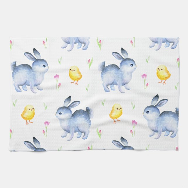 Rabbit & Chicks Lover Gift, Happy Easter Pattern Kitchen Towel (Horizontal)