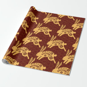 Rabbit chinese new year of the dragon red gold  wrapping paper