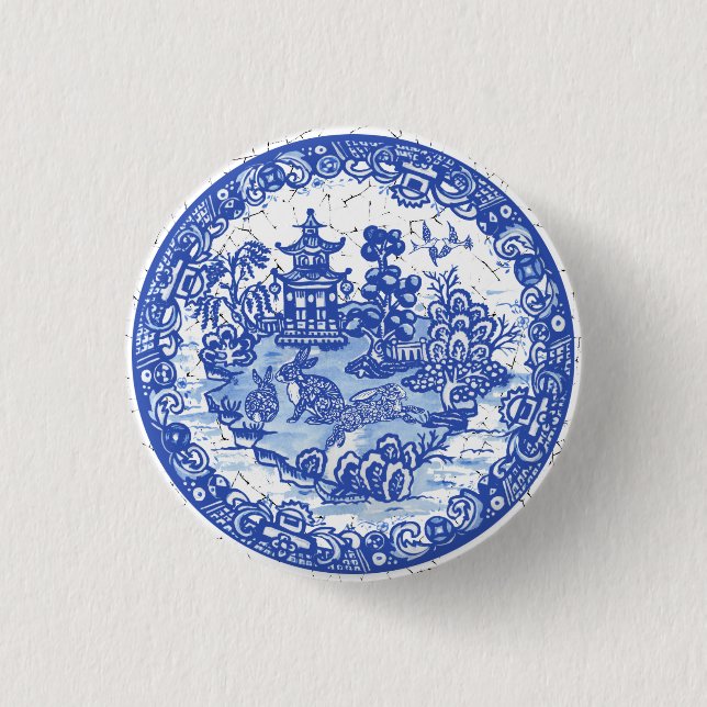 Rabbit Chinoiserie Blue White Willow Unique 1 Inch Round Button (Front)
