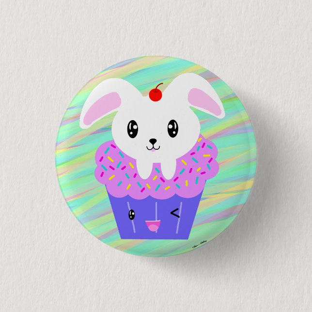 Rabbit Cupcake Cute Kawaii Pastel Rainbow 1 Inch Round Button (Front)