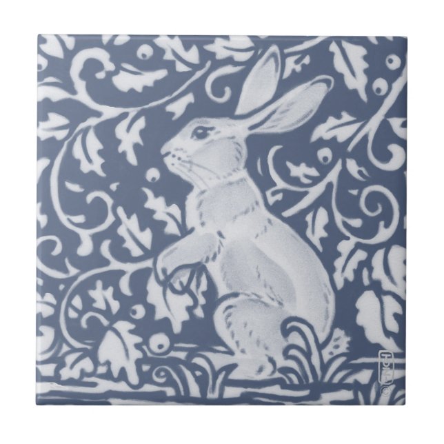 Rabbit Denim Blue White Botanical Dedham Delft  Tile (Front)