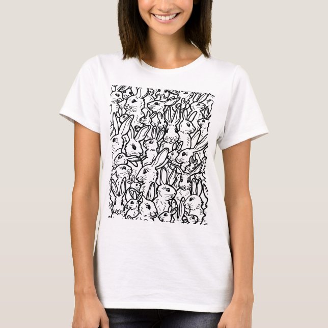 Rabbit Drawings Black and White Art Bunny Design T-Shirt (Front)