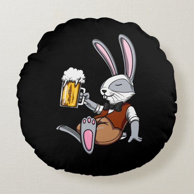 Rabbit Drinking Beer Bunny Funny Party Round Pillow (Front)
