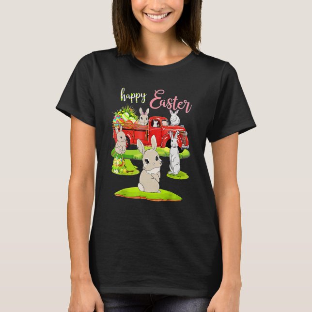 Rabbit Easter Day Riding Red Truck Funny Love Bunn T-Shirt (Front)