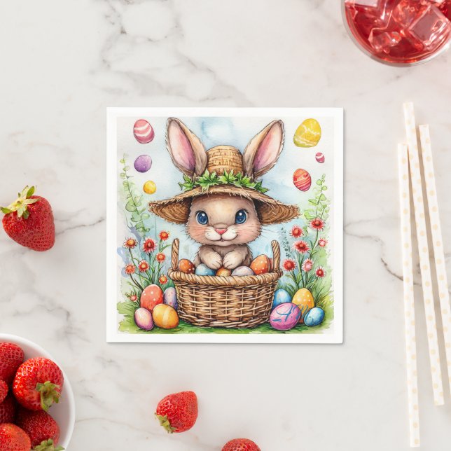 rabbit Easter Eggs, Nest and White Daffodils Napkin (Insitu)