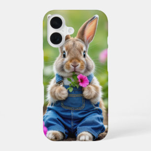 Rabbit Eating Pink Petunia Flowers iPhone 16 Case