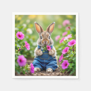 Rabbit Eating Pink Petunia Flowers Napkin