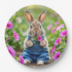 Rabbit Eating Pink Petunia Flowers Paper Plate