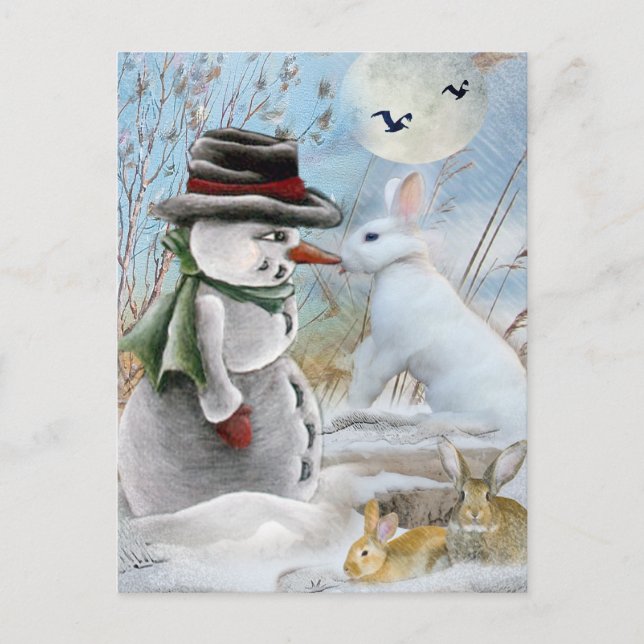 Rabbit Eating Snowman's Nose Postcard (Front)