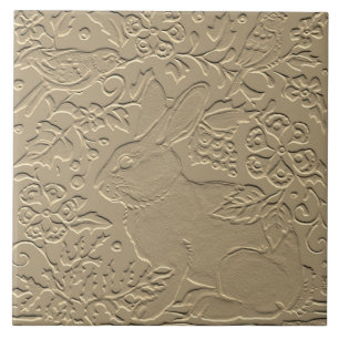 Rabbit Embossed Design Tan Floral Bird Easter Art Tile
