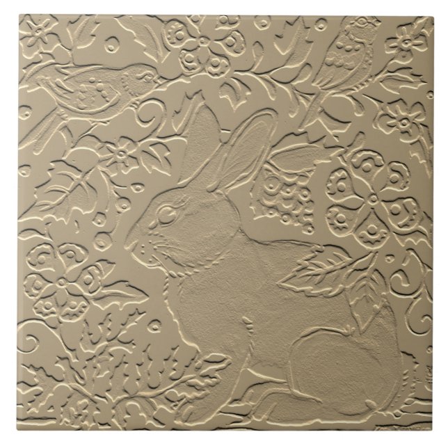 Rabbit Embossed Design Tan Floral Bird Easter Art Tile (Front)