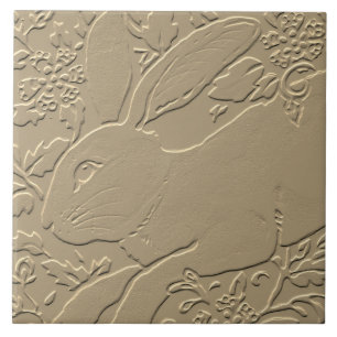 Rabbit Embossed Design Tan Floral Bunny Easter Art Tile