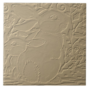 Rabbit Embossed Design Tan Floral Bunny Easter Art Tile