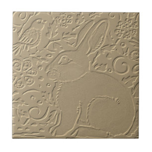Rabbit Embossed Design Tan Floral Bunny Easter Art Tile