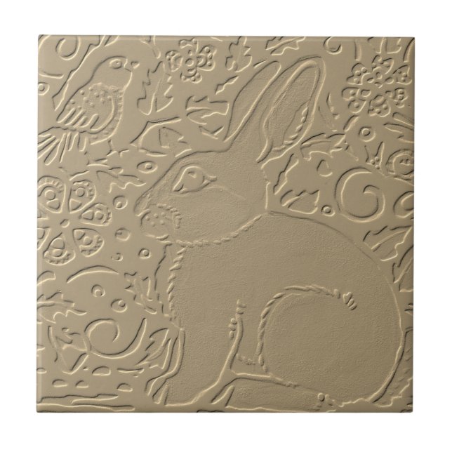 Rabbit Embossed Design Tan Floral Bunny Easter Art Tile (Front)