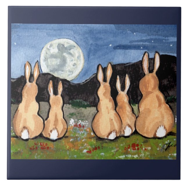 Rabbit Family Watching Moon 6" Tile Trivet (Front)