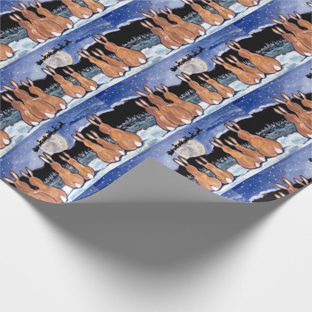 Rabbit Family Watching Santa Moon Blue Gift Wrap (Corner)