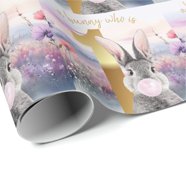 Rabbit First Birthday blowing pink gum Wrapping Paper (Roll Corner)