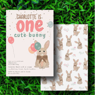 Rabbit Floral One Cute Bunny 1st Birthday Invitation