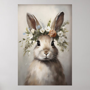 Rabbit Flower Crown Print, Vintage Cottagecore Poster