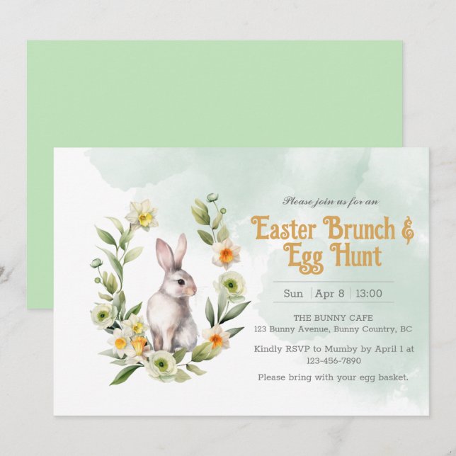 Rabbit Foral Easter Brunch Egg Hunt Invitation (Front/Back)