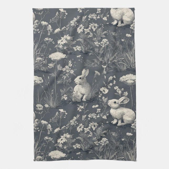 Rabbit Garden Botanical Black Toile Pattern Kitchen Towel (Vertical)