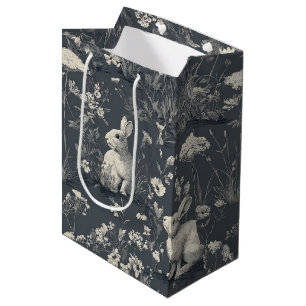Rabbit Garden Botanical Black Toile Pattern Medium Gift Bag
