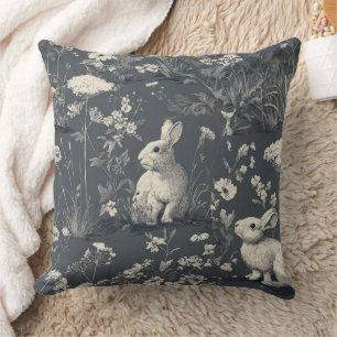 Rabbit Garden Botanical Black Toile Pattern Throw Pillow