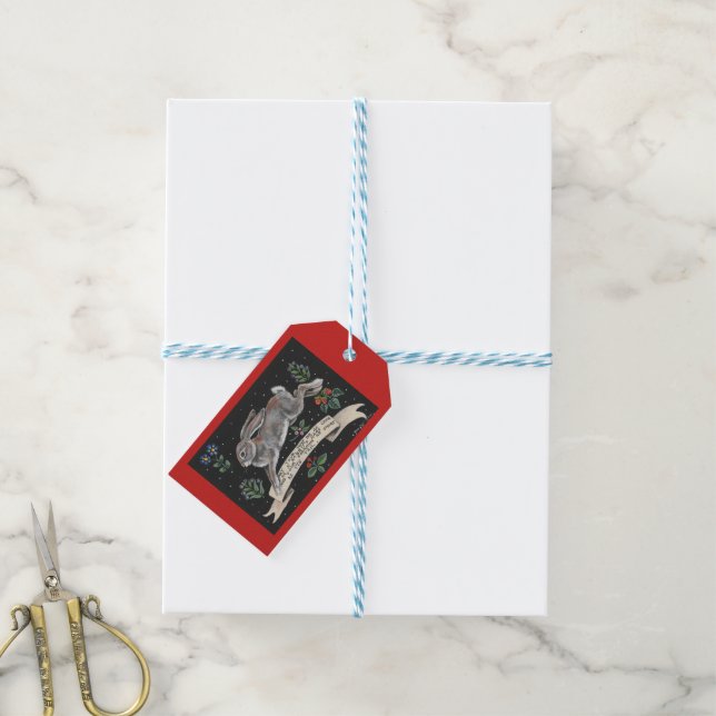 Rabbit Hare Christmas Holiday Greeting Tag Red (With Twine)