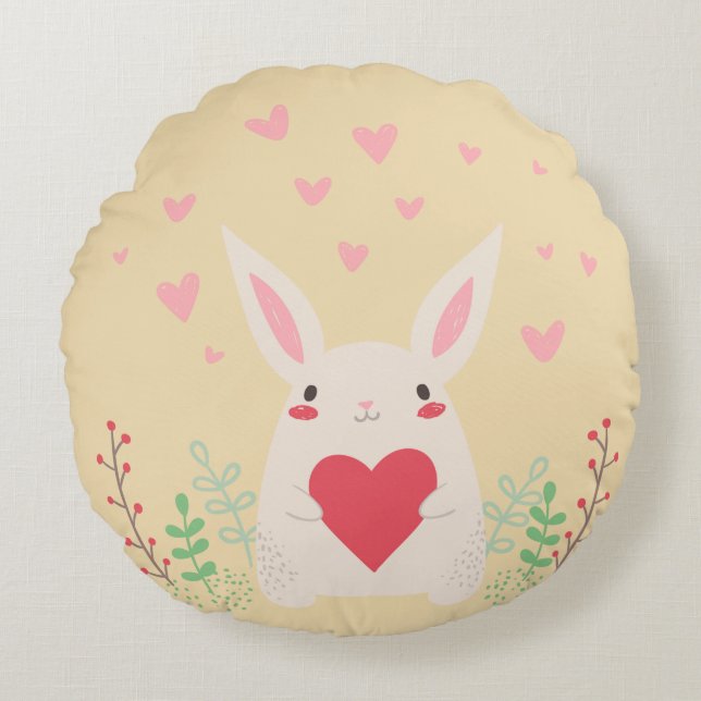 Rabbit heart cute valentine round pillow (Front)