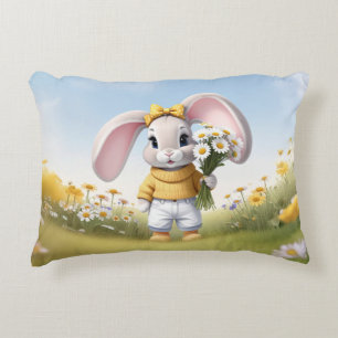 Rabbit holding bouquet of white daisies accent pillow