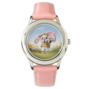 Rabbit holding bouquet of white daisies watch