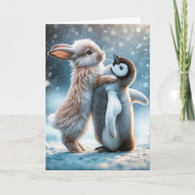 Rabbit Hugging a Penguin Holiday Card (Front)