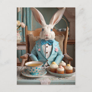 Rabbit in a blue coat and bow tie postcard