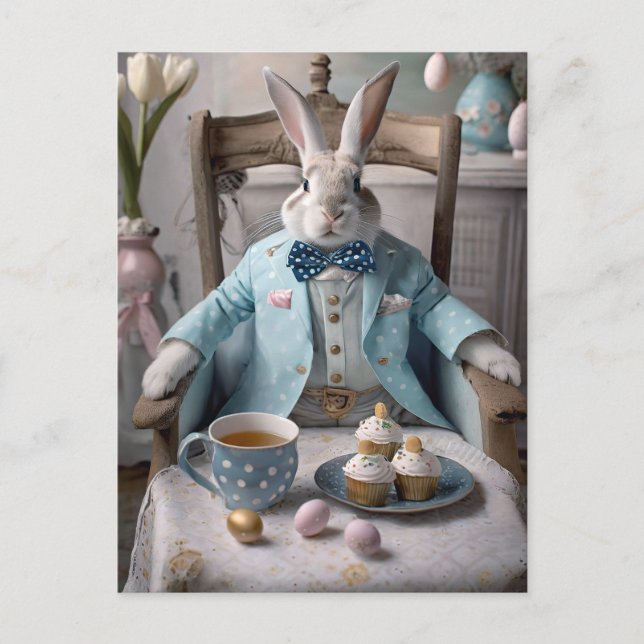 Rabbit in a blue coat and bow tie postcard (Front)