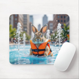Rabbit In a City Fountain Mouse Pad