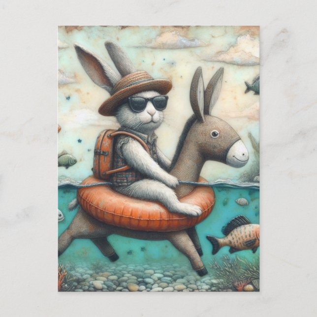 Rabbit in a Donkey Float Digital Art Postcard (Front)