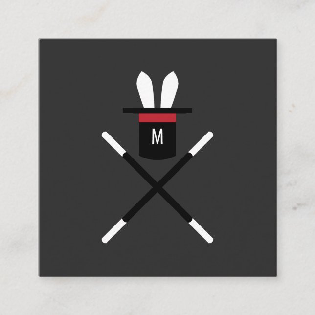 Rabbit in a Hat Dark Grey & Red Monogram Magician Square Business Card (Front)