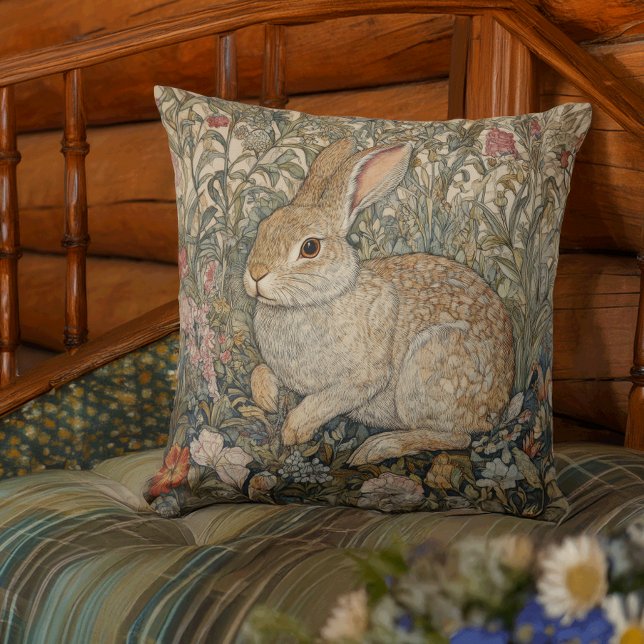 Rabbit in an English Garden William Morris Style Throw Pillow (Creator Uploaded)