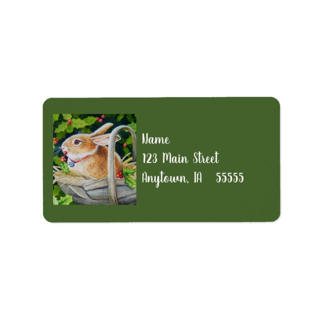 Rabbit in Basket with Holly Sprigs Watercolor Art Label (Front)
