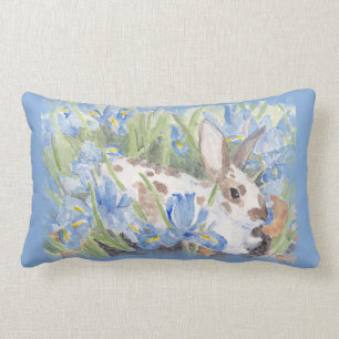 Rabbit in Blue Dutch Irises Lumbar Pillow