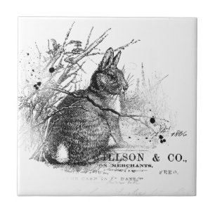 Rabbit in Brush Vintage Black & White Tile