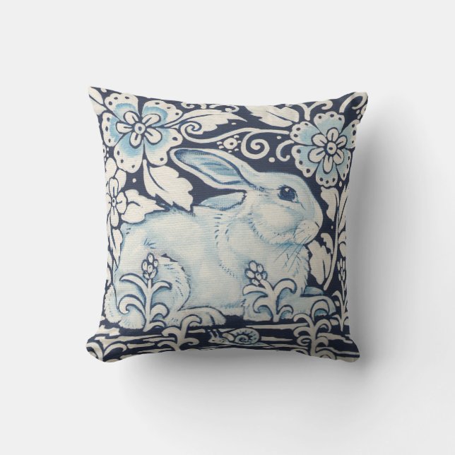 Rabbit in Garden with Flowers & Snail Navy Blue Throw Pillow (Front)