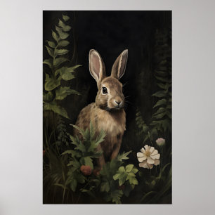 Rabbit in green moody forest wall print, dark poster